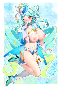 Rule 34 | 1girl, :q, absurdres, alternate breast size (larger), animal print, aqua hair, asymmetrical legwear, blue necktie, blush, breasts, bridal gauntlets, butterfly hat ornament, butterfly print, cleavage, closed mouth, commentary, cure eclair, gradient hair, green hair, hat, hat ornament, heart, high heels, highres, large breasts, long hair, meitantei precure!, midair, mismatched legwear, multicolored hair, navel, necktie, nipples, orange eyes, ponytail, precure, rumo, seductive smile, single thighhigh, smile, solo, thighhighs, tongue, tongue out, untranslatable commentary, v, v over mouth, very long hair