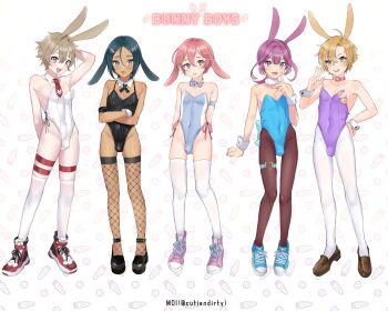 5boys :d absurdres animal_ears armpit_crease armpits arms_behind_back artist_name bare_shoulders black_footwear black_hair black_leotard black_ribbon blonde_hair blue_leotard blush bow bowtie brown_footwear brown_hair brown_pantyhose bulge choker closed_mouth collarbone covered_navel crossdressing crossdressing_(mtf) crossed_arms cutiendirty dark-skinned_male dark_skin detached_collar english_text eyelashes fishnet_thighhighs fishnets floppy_ears fur_choker hair_between_eyes hand_on_own_hip hand_up highres legs leotard loafers long_hair male_focus male_playboy_bunny multicolored_leotard multiple_boys neck_ribbon necktie o-ring o-ring_choker open_mouth original over-kneehighs oversized_breast_cup pantyhose parted_bangs patterned_background pink_choker pink_hair purple_hair purple_leotard rabbit_ears red_necktie ribbon shoes short_hair side-tie_leotard smile sneakers standing strapless strapless_leotard striped_clothes striped_leotard thigh_strap thighhighs thighs trap twitter_username two-tone_leotard w white_leotard white_pantyhose white_thighhighs