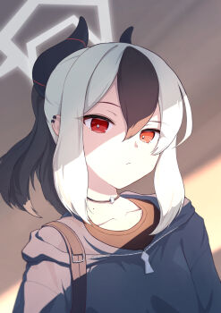 1girl :/ absurdres aimo_wotku black_choker black_hair black_hoodie black_horns blue_archive blurry blurry_background bright_pupils choker closed_mouth collarbone commentary demon_girl demon_horns double-parted_bangs ear_piercing frown grey_halo hair_between_eyes halo highres hood hood_down hoodie horns kayoko_(blue_archive) long_hair looking_at_viewer mole mole_on_neck multicolored_hair piercing ponytail red_eyes sidelocks simple_background solo two-tone_hair upper_body white_hair white_pupils zipper