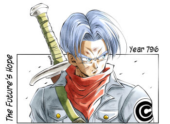 Rule 34 | 1boy, bandana, bandana around neck, blue eyes, blue hair, blue jacket, dragon ball, dragon ball super, jacket, red bandana, short hair, simple background, solo, sword, sword on back, trunks (dragon ball), trunks (future) (dragon ball), upper body, weapon, weapon on back, white background, xelyus