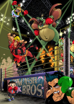 6+boys aged_down audience barefoot battle black_eyes black_hair black_tank_top blonde_hair blood blood_from_mouth blood_on_face blue_hair bowser_jr. boxing_gloves bracelet bruise bruise_on_face bulging_eyes cape cheering clenched_hands clenched_teeth colored_skin commentary crossover crowd dinosaur dougi duel english_commentary fighting fighting_stance fingerless_gloves fire flying_kick furry furry_male gen_7_pokemon gloves highres in_the_face incineroar injury jewelry joelchan jumping ken_masters kicking king_k._rool little_mac male_focus multiple_boys multiple_crossover muscular muscular_male nintendo nosebleed one_eye_closed open_mouth pectorals punching red_cape red_gloves red_skin sharp_teeth shirt short_hair shorts smile spiked_bracelet spikes stage stage_lights star_(symbol) super_smash_bros. tail tank_top tears teeth thick_eyebrows villager_(animal_crossing) wrestling wrestling_outfit wrestling_ring