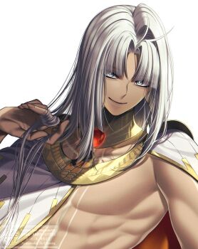 1boy ancient_egyptian_clothes androgynous bright_pupils cape commentary_request dark-skinned_male dark_skin fate/grand_order fate_(series) gem grey_eyes grey_hair hand_in_own_hair highres holding holding_own_hair long_hair male_focus muscular muscular_male parted_bangs red_gemstone simple_background smile solo suzuka_nene tutankhamun_(fate) upper_body usekh_collar watermark white_background white_cape white_pupils