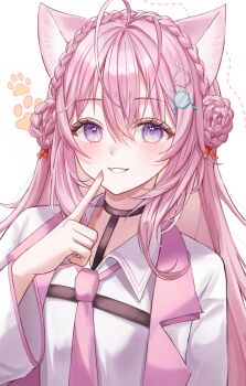 1girl absurdres animal_ears animal_hands antenna_hair black_choker blue_eyes blush braid braided_bun choker clip_studio_paint_(medium) coat collared_shirt crown_braid double_bun eyelashes fang fingernails gradient_eyes grin hair_between_eyes hair_bun hair_ornament hair_ribbon hakui_koyori hakui_koyori_(1st_costume) heart heart_choker highres hololive index_finger_raised lab_coat long_hair looking_at_viewer multicolored_eyes nail_polish necktie open_clothes open_coat pink_eyes pink_hair pink_nails pink_necktie purple_eyes red_ribbon ribbon shirt simple_background skin_fang smile solo syuukamona virtual_youtuber white_background white_coat white_shirt wolf_ears wolf_girl