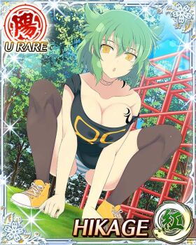Rule 34 | 1girl, :o, alternate hairstyle, black thighhighs, border, breast tattoo, breasts, card (medium), character name, cleavage, game cg, grass, green hair, hair tuft, hikage (senran kagura), large breasts, looking at viewer, medium hair, official art, panties, pantyshot, playground, senran kagura, senran kagura new wave, shoes, shoulder tattoo, slit pupils, snake tattoo, sneakers, solo, squatting, striped clothes, striped panties, tank top, tattoo, thighhighs, third-party source, tree, underwear, yellow eyes