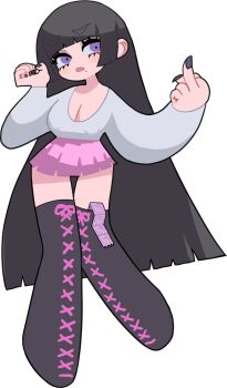 1girl black_boots black_hair black_nails blunt_bangs blunt_ends blush boots breasts cleavage commentary_request condom condom_packet_strip condom_wrapper condom_wrapper_in_clothes covered_erect_nipples full_body furrowed_brow grey_shirt half-closed_eyes hands_up highres lace-up_boots large_breasts long_hair long_sleeves looking_at_viewer low-cut mashima_jirou middle_finger miniskirt mole mole_under_eye open_mouth original pigeon-toed pink_skirt pleated_skirt purple_eyes shirt simple_background skirt solo thigh_boots very_long_hair white_background