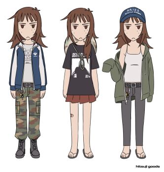 Rule 34 | 1girl, :<, absurdres, artist name, bandaid, bandaid on leg, baseball cap, belt, black belt, brown eyes, brown hair, camisole, camouflage, camouflage headwear, camouflage pants, commentary, english commentary, flip-flops, freckles, frown, green hoodie, grey shirt, hair over shoulder, hat, hat on back, highres, hitsuji (hitsujigoods), hood, hoodie, jacket, kara eklund, key, long sleeves, medium hair, miniskirt, multicolored jacket, off shoulder, original, pants, pleated skirt, ponytail, sandals, shirt, skirt, sleeves past fingers, sleeves past wrists, t-shirt, two-tone jacket, white camisole