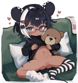 1girl :3 @_@ animal_ear_piercing antenna_hair asymmetrical_legwear bandaid bandaid_on_leg black_hair black_sweater black_thighhighs blush cleft_of_venus closed_mouth clothes_lift commentary commission couch d-pad d-pad_hair_ornament dark-skinned_female dark_skin double-parted_bangs female_focus fish_hair_ornament glasses hair_ornament heart knees_apart_feet_together lifting_own_clothes loli long_sleeves looking_at_viewer loose_socks mismatched_legwear multicolored_hair navel on_couch original pillow puffy_long_sleeves puffy_sleeves pussy sa_ka_(sakanoya) short_hair sitting skeb_commission socks solo spread_legs striped_clothes striped_thighhighs stuffed_animal stuffed_toy sweater sweater_lift teddy_bear thick_eyebrows thighhighs two-tone_hair uncensored white_hair white_socks white_thighhighs
