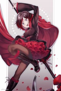 aegyo_sal artist_name black_dress black_hair boots cape dress frilled_skirt frills gradient_hair grey_eyes highres holding holding_weapon leg_up miviy19 multicolored_hair open_mouth pantyhose petals red_cape red_hair ruby_rose rwby scythe skirt smile weapon