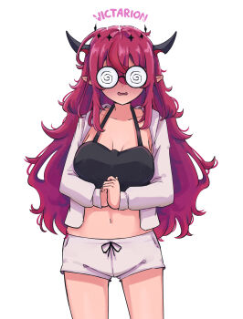 Rule 34 | 1girl, @ @, absurdres, blush, coke-bottle glasses, collarbone, commentary, glasses, halo, highres, hololive, hololive english, horns, irys (hololive), long hair, looking at viewer, midriff, multicolored hair, navel, open mouth, own hands clasped, own hands together, pointy ears, purple hair, red hair, shorts, untranslatable commentary, victarionsc, virtual youtuber, white background