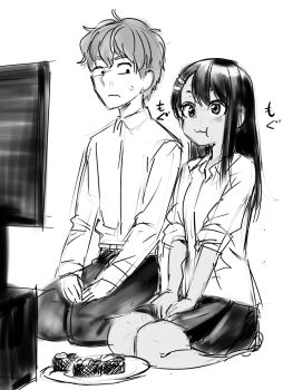 1boy 1girl 774_(nanashi) closed_mouth commentary eating food full_body greyscale hachiouji_naoto highres ijiranaide_nagatoro-san long_hair long_sleeves monochrome nagatoro_hayase official_art pants seiza short_hair simple_background sitting skirt sushi television unfinished white_background