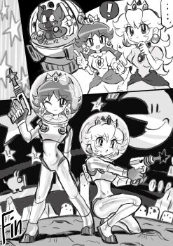 Rule 34 | !, 1boy, 2girls, alien, commentary, crown, dress, earrings, energy gun, fangs, fishbowl helmet, flower earrings, gloves, greyscale, highres, jewelry, long hair, mario (series), monochrome, moon, multiple girls, nintendo, on one knee, one eye closed, princess daisy, princess peach, rakugaki shitagari-ya, ray gun, spacecraft, spacesuit, spoken exclamation mark, star (sky), super mario land 2, sweat, untranslatable commentary, tatanga, weapon