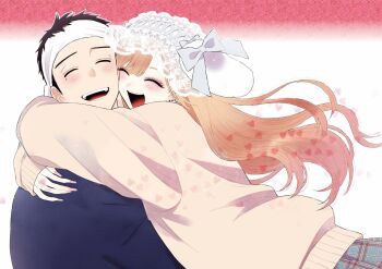 1boy 1girl black_hair blonde_hair blue_kimono blue_ribbon blush closed_eyes couple earrings fukuda_shinichi gojou_wakana gradient_background headband headdress heart hetero highres hug japanese_clothes jewelry kimono kitagawa_marin long_hair long_sleeves maid_headdress mole mole_under_eye nail_polish official_art open_mouth pink_nails plaid_clothes plaid_skirt pleated_skirt red_background ribbon skirt sono_bisque_doll_wa_koi_wo_suru sweater third-party_source white_background white_headband white_headdress yellow_sweater