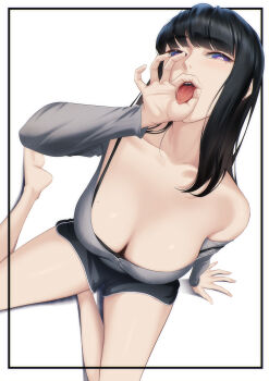 1girl bare_legs bare_shoulders barefoot black_bra black_hair black_shorts blueorca blunt_bangs blush bra bra_strap breasts bright_pupils cleavage collarbone commentary english_commentary feet fellatio_gesture grey_shirt hand_to_own_mouth hand_up highres large_breasts long_hair looking_at_viewer mole mole_on_breast mole_under_eye off_shoulder original purple_eyes saliva shirt shorts sitting soles solo strap_slip thighs tongue underwear white_pupils