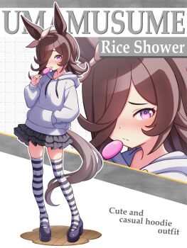 1girl alternate_costume animal_ears black_skirt blush bow bow_hairband brown_hair candy closed_mouth food frilled_skirt frills hair_over_one_eye hairband highres hokuyukis holding holding_candy holding_food holding_lollipop hood hood_down hoodie horse_ears horse_girl horse_tail lollipop long_hair looking_at_viewer purple_eyes rice_shower_(umamusume) shoes skirt striped_clothes striped_thighhighs tail thighhighs tongue tongue_out umamusume white_hairband white_hoodie