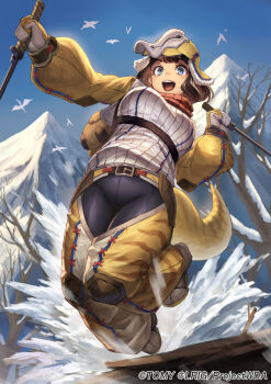 Rule 34 | 1girl, black pants, blue eyes, brown hair, commentary request, copyright notice, gloves, highres, konoike (pepe expect), looking at viewer, medium hair, official art, open mouth, outdoors, pants, shirt, smile, snow, solo, tail, tree, white gloves, white shirt, wixoss