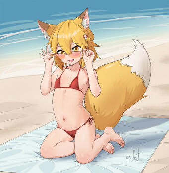 absurdres animal_ears barefoot beach bikini blonde_hair flatculture fox_ears fox_girl hair_ornament highres loli looking_at_viewer navel panties red_bikini senko_(sewayaki_kitsune_no_senko-san) sewayaki_kitsune_no_senko-san side-tie_panties sitting smile sunglasses swimsuit towel underwear water yellow_eyes