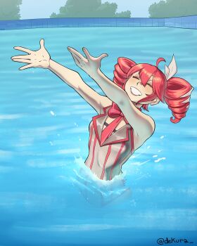 ahoge arms_up bad_tag bare_shoulders bow bowtie closed_eyes collared_one-piece_swimsuit dekura drill_hair grey_one-piece_swimsuit happy highres kasane_teto multicolored_swimsuit one-piece_swimsuit outstretched_arms partially_submerged pool red_bow red_bowtie red_hair ribbon smile splashing striped_clothes striped_one-piece_swimsuit swimming swimsuit synchronized_swimming tree twin_drills twintails vocaloid white_ribbon