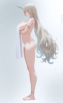 1girl anklet arm_under_breasts armlet barefoot blue_eyes breasts commentary covering_breasts covering_privates feet fleurdelys_(wuthering_waves) from_side grey_hair haruyuki_(karem) highres horns jewelry large_breasts long_hair long_horns looking_ahead nail_polish panties pointy_ears revision simple_background single_horn solo standing toenail_polish toenails toes topless_female towel underwear very_long_hair white_background white_panties wuthering_waves yellow_horns
