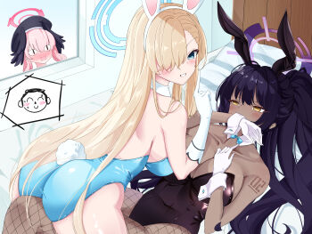3girls absurdres animal_ears ass asuna_(blue_archive) asuna_(bunny)_(blue_archive) black_leotard blonde_hair blue_archive blue_eyes blue_halo blue_leotard blush bow bowtie breasts collarbone commentary_request dark-skinned_female dark_skin detached_collar fake_animal_ears fake_tail feet_out_of_frame fishnet_pantyhose fishnets full-face_blush gloves hair_over_one_eye halo highres indoors karin_(blue_archive) karin_(bunny)_(blue_archive) koharu_(blue_archive) large_breasts leotard long_hair looking_at_another looking_at_viewer looking_inside multiple_girls no_legwear number_tattoo official_alternate_costume on_bed pantyhose pillow pink_hair pink_halo playboy_bunny purple_hair purple_halo rabbit_ears rabbit_tail rainseason strapless strapless_leotard tail tattoo traditional_bowtie variant_set very_long_hair white_gloves window yellow_eyes