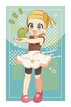 1girl :d bike_shorts_under_skirt blonde_hair blue_eyes blush bonnie_(pokemon) border brown_shirt commentary_request flower_symbol gen_6_pokemon hair_ornament happy highres holding holding_pokemon legendary_pokemon nintendo notice_lines open_mouth pink_shoes pokemon pokemon_(anime) pokemon_(creature) pokemon_xy_(anime) shirt shoes short_hair skirt smile standing sumeragi1101 twitter_username white_border white_skirt zygarde zygarde_core