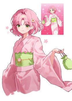1girl aeri_(aerikatsu) aikatsu! aikatsu!_(series) bag closed_mouth cowboy_shot flower green_eyes green_sash hair_flower hair_ornament highres holding holding_bag japanese_clothes kimono kitaoji_sakura long_sleeves looking_at_viewer obi parted_bangs pink_hair pink_kimono reference_inset sash short_hair simple_background smile solo standing white_background wide_sleeves