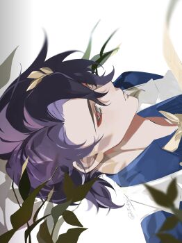 1boy absurdres blue_hair blue_shirt closed_mouth collared_shirt commentary dr._ratio_(honkai:_star_rail) english_commentary highres honkai:_star_rail honkai_(series) laurel_crown leaf male_focus parted_hair shirt sideways solo utu_pan vest white_background white_vest yellow_eyes