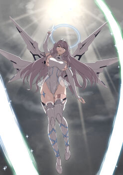 1girl absurdres arm_up armored_boots bare_shoulders boots breasts capelet chaos_zero_nightmare cloud cloudy_sky commentary detached_sleeves floating full_body gluteal_fold grey_hair hair_between_eyes halo highres horns index_finger_raised jusedal large_breasts leotard long_hair looking_at_viewer mechanical_horns mechanical_wings parted_lips purple_eyes sereniel_(chaos_zero_nightmare) sideboob sidelocks sky smile solo sunlight thigh_gap white_boots white_capelet white_leotard white_sleeves wings