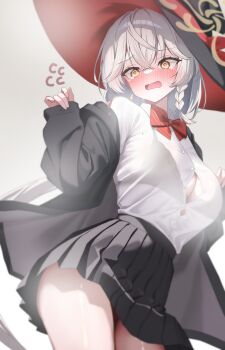 1girl @_@ absurdres black_jacket blue_archive blush bow bowtie bra_visible_through_clothes braid breasts button_gap cleavage collared_shirt commentary_request crossed_bangs diagonal-striped_bow diagonal-striped_bowtie diagonal-striped_clothes drawing_flover eri_(blue_archive) grey_background hair_between_eyes halo hand_up hat hat_ribbon highres jacket large_breasts large_hat long_hair long_sleeves looking_ahead low-tied_long_hair miniskirt multicolored_hair open_clothes open_jacket open_mouth pleated_skirt red_bow red_bowtie red_ribbon red_streaks ribbon shirt shirt_tucked_in side_halo single_braid skirt sleeves_past_wrists solo standing steam streaked_hair striped_bow striped_bowtie striped_clothes sweat sweatdrop thighs two-sided_fabric two-sided_headwear very_long_hair white_hair white_shirt witch_hat yellow_eyes yellow_halo