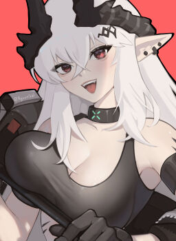 1girl :d absurdres arknights artist_name bare_shoulders black_gloves black_sports_bra breast_press breasts cleavage collarbone colored_skin earrings gloves hair_between_eyes highres holding holding_weapon infection_monitor_(arknights) jewelry kyuunsai large_breasts long_hair looking_at_viewer material_growth mudrock_(arknights) open_mouth oripathy_lesion_(arknights) pointy_ears red_background red_eyes simple_background smile solo sports_bra upper_body very_long_hair weapon white_hair
