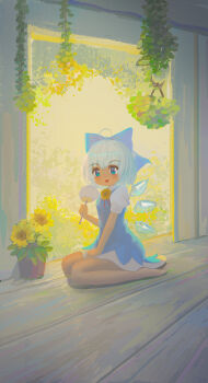 1girl absurdres ahoge bare_legs barefoot blue_bow blue_dress blue_eyes blue_hair blush bow cirno commentary dated_commentary dress flower flower_ornament full_body hair_bow hand_fan highres holding holding_fan ice ice_wings kneeling looking_at_viewer multiple_wings on_floor pinafore_dress plant potted_plant shirt short_sleeves sleeveless sleeveless_dress smile solo sunflower tan tanned_cirno toorooo touhou white_shirt wings wooden_floor