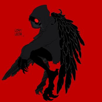 1boy black_wings claws cross cross_earrings curled_up earrings empty_eyes feathered_wings from_side full_body glowing glowing_eyes grey_hoodie grin harpy_boy hatching_(texture) highres hood hood_up hoodie jewelry knees_up limited_palette male_focus monster_boy original sharp_teeth silhouette smile solo talons teeth wings wormudon