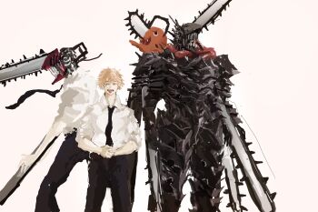 1boy black_pants blonde_hair brown_eyes chainsaw chainsaw_devil chainsaw_man collared_shirt cowboy_shot demon demon_boy denji_(chainsaw_man) highres monster monster_boy necktie pants pochita_(chainsaw_man) sharp_teeth shirt shirt_tucked_in short_hair sleeves_rolled_up teeth venommoe white_shirt