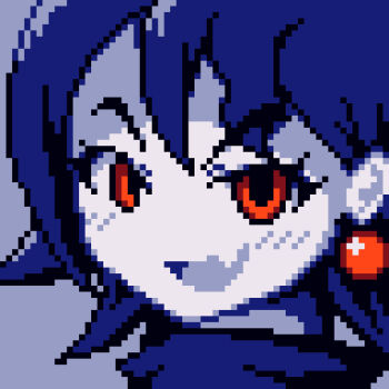 1girl blue_hair blush close-up colored_skin doukutsu_monogatari earrings evil_smile fang highres jewelry looking_at_viewer misery_(cave_story) open_mouth pixel_art red_eyes short_hair skin_fang smile solo twirlincurtis upper_body white_skin