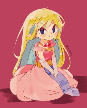 Rule 34 | 1girl, artist name, blonde hair, closed mouth, commentary request, dress, elbow gloves, full body, gloves, highres, jewelry, kneeling, long hair, looking at viewer, necklace, nintendo, no headwear, pink background, pink dress, pointy ears, princess zelda, smile, solo, the legend of zelda, the legend of zelda: the wind waker, tokuura, toon zelda, twitter username, white gloves