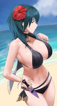 1girl absurdres armpits bare_arms bare_shoulders beach bikini black_bikini blue_eyes blue_hair breasts cleavage collarbone female_byleth_(fire_emblem) female_byleth_(summer)_(fire_emblem) fire_emblem fire_emblem:_three_houses fire_emblem_heroes flower from_side full_cleavage hair_between_eyes hair_ornament hand_on_own_hip hand_up hibiscus highres knife knife_sheath large_breasts long_hair looking_at_viewer looking_back looking_to_the_side navel nintendo ocean official_alternate_costume outdoors red_flower sheath shou_illust sideboob solo stomach swimsuit thighs