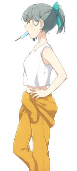 Rule 34 | 1girl, blue bow, bow, breasts, commentary, crop top, dated commentary, food, food in mouth, from side, grey hair, hair bow, hand on own hip, jumpsuit, jumpsuit around waist, kan'yu (citron 82), kantai collection, medium breasts, midriff, mouth hold, orange jumpsuit, ponytail, popsicle, popsicle in mouth, profile, shirt, simple background, sleeveless, sleeveless shirt, solo, sweat, white background, yellow eyes, yuubari (kancolle)