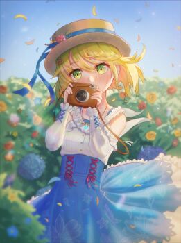 1girl 2025 absurdres bare_shoulders blonde_hair blue_flower blue_ribbon blue_skirt blue_sky blush bush camera collarbone commentary_request dated day falling_petals floating_clothes floating_hair floral_print floral_print_skirt flower flowingcrescent frilled_shirt frilled_skirt frilled_sleeves frills garden hair_between_eyes hair_ornament hairclip hands_up hat hat_flower hat_ribbon heaven_burns_red high-waist_skirt highres holding holding_camera irene_redmayne long_sleeves looking_at_viewer official_alternate_costume outdoors petals pink_flower print_skirt red_flower red_rose ribbon rose shirt short_hair signature skirt sky sun_hat white_shirt wind yellow_eyes yellow_flower yellow_rose