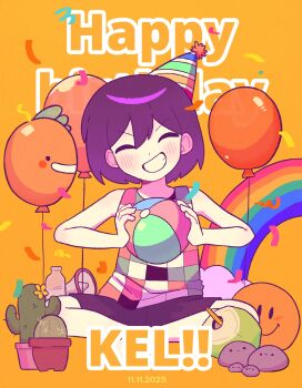 1boy ball balloon blush bottle cactus character_name checkered_clothes closed_eyes colored_skin confetti dated flower_pot full_body grin happy_birthday hat heather_(omori) heather_jr_(omori) hector_(omori) hector_jr_(omori) highres holding holding_ball kel_(headspace)_(omori) kel_(omori) male_focus megaphone mewowem_omo omori open_mouth orange_background orange_joe_(omori) party_hat pet_rock plant potted_plant purple_hair purple_shorts rainbow short_hair shorts simple_background sitting smile solo tank_top teeth water_bottle white_skin