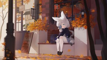 1girl absurdres animal_ear_fluff animal_ears autumn autumn_leaves azur_lane bag black_shoes blue_bag blue_bow blue_eyes blue_jacket blue_skirt bow child fox_ears fox_girl fox_tail full_body hair_bow hair_over_one_eye hand_on_own_cheek hand_on_own_face highres jacket kasumi_(at_school_with_foo)_(azur_lane) kasumi_(azur_lane) kasumi_1118 leaf loafers long_hair long_sleeves looking_at_viewer official_alternate_costume one_eye_covered open_mouth outdoors pleated_skirt school_bag school_uniform shoes sitting skirt sleeves_past_fingers sleeves_past_wrists solo sweater tail thighhighs unworn_bag variant_set white_hair white_sweater white_thighhighs