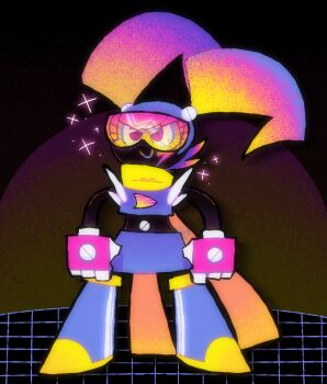 &gt;:) 1girl alternate_color alternate_costume alternate_eye_color alternate_hair_color alternate_skin_color arms_at_sides artist_logo artist_name black_background black_skin clenched_hands closed_mouth colored_skin commentary faby_saturn facial_mark flipped_hair full_body glowing goggles gradient_hair highres humanoid_robot jenny_wakeman lightning_bolt_symbol logo looking_at_viewer midriff miniskirt multicolored_hair my_life_as_a_teenage_robot purple_eyes robot robot_girl scarf science_fiction skirt smile solo standing swept_bangs twintails v-shaped_eyebrows vaporwave watermark yellow_scarf