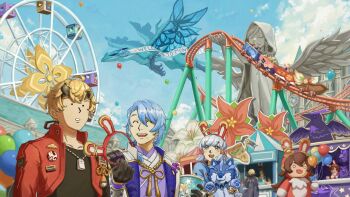 3girls 6+boys agemaki_knot ahoge akira_(genshin_impact) amusement_park andrius_(genshin_impact) animal_ear_hairband animal_ears apron arataki_itto armor asymmetrical_hair ayaka_(genshin_impact) balloon banner barbara_(genshin_impact) barbatos_(genshin_impact) baron_bunny_(genshin_impact) black_cape black_gloves black_hair black_headband black_shirt blonde_hair blue_eyes blue_hair blue_jacket blue_sky blurry cape cathedral cecilia_flower_(genshin_impact) chinese_knot church closed_eyes cloud cloudy_sky commentary cup dainsleif_(genshin_impact) depth_of_field disposable_cup dog_tags dragon drinking_straw dvalin_(genshin_impact) english_commentary english_text facial_hair fake_animal_ears fake_horns ferris_wheel flower_knot food_stand genshin_impact genta_(genshin_impact) gloves grandmaster_hanakado_(genshin_impact) hagihino hair_between_eyes hair_ribbon hairband hands_up headband highres holding holding_balloon holding_cup holding_hairband holding_stuffed_toy horned_headwear horns jacket japanese_armor kamisato_ayato kuki_shinobu liben_(genshin_impact) long_hair long_sleeves mamoru_(genshin_impact) market_stall mascot_costume medium_hair mole mole_under_eye mole_under_mouth motion_blur multiple_boys multiple_girls mustache o_o open_mouth outdoors oz_(genshin_impact) pink_ribbon ponytail purple_shirt red_jacket ribbon roller_coaster shirt shoulder_armor single_sode sky smile sode solid_circle_eyes statue stuffed_animal stuffed_toy sunglasses tassel teeth thoma_(genshin_impact) tress_ribbon upper_teeth_only white_hair white_jacket windwheel_aster_(genshin_impact) yoimiya_(genshin_impact)