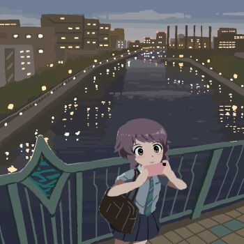 1girl bag black_bag blue_necktie blue_shirt blue_skirt bridge canal cellphone city city_lights cityscape closed_mouth cowboy_shot diagonal-striped_clothes diagonal-striped_necktie dress_shirt from_above grey_hair holding holding_phone idolmaster idolmaster_million_live! idolmaster_million_live!_theater_days jaggy_lines light_blush light_smile makabe_mizuki necktie no_lineart outdoors phone pleated_skirt pxllb reflection reflective_liquid school_uniform shirt short_hair shoulder_bag sidelocks skirt smartphone solo striped_clothes twilight water yellow_eyes