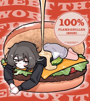 1girl absurdres black_eyes black_hair blush_stickers burger cheese expressionless food food_focus full_body highres in_food jitome long_sleeves lying mayonnaise on_stomach original oversized_food oversized_object pickle shoeguy short_hair sliced_cheese solo