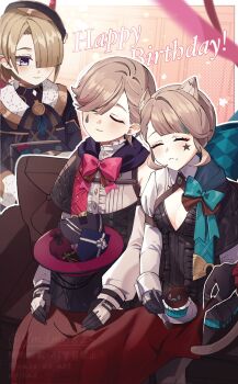 1girl 2boys animal_ears black_bodysuit black_gloves blonde_hair bodysuit bow bowtie cat_ears cat_girl cat_tail closed_eyes closed_mouth cupcake facial_mark food fork freckles freminet_(genshin_impact) genshin_impact gloves hair_over_one_eye happy_birthday hat highres holding holding_fork long_hair long_sleeves lynette_(genshin_impact) lyney_(genshin_impact) multiple_boys pers_(genshin_impact) pink_bow pink_bowtie purple_eyes short_hair smile star_(symbol) star_facial_mark tail teardrop_facial_mark top_hat unworn_hat unworn_headwear white_sleeves ymdm0826