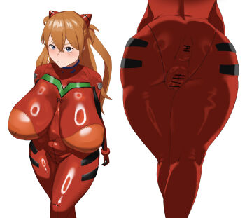 1girl :&lt; absurdres alternate_breast_size_(larger) anus anus_peek anus_visible_through_clothes ass balzac blue_eyes blush bodysuit breasts brown_hair cameltoe censored covered_anus curvy embarrassed from_above from_below highres huge_ass long_hair looking_at_viewer mecha_pilot_suit multiple_views narrow_waist neon_genesis_evangelion partially_visible_vulva plugsuit_(evangelion) see-through_bodysuit see-through_clothes shiny_clothes simple_background skin_tight solo souryuu_asuka_langley standing tsundere two_side_up very_long_hair white_background wide_hips