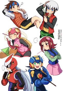 2girls 4boys armor ayla_kazemi black_bodysuit black_hair black_shirt black_shorts blonde_hair blue_bodysuit blue_helmet blue_vest bodysuit brown_eyes brown_hair closed_eyes cowboy_shot eugene_chaud_(mega_man) food green_pants green_shirt helmet highres lan_hikari_(mega_man) leotard long_hair mayl_sakurai_(mega_man) mega_man_(series) mega_man_battle_network_(series) megaman.exe mouth_hold multicolored_hair multiple_boys multiple_girls orange_vest pants pink_helmet pink_leotard pink_skirt pocky pocky_day protoman.exe red_armor red_hair red_vest roll.exe_(mega_man) shirt short_hair shorts simple_background skirt two-tone_hair vest white_background white_hair white_shirt