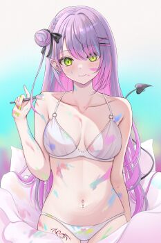 1girl 7nopi absurdres black_ribbon blue_background blush bra braid breasts closed_mouth collarbone commentary demon_tail ear_piercing earrings fingernails gluteal_fold green_eyes green_nails hair_bun hair_ornament hair_ribbon hairclip heart heart_tattoo highres holding holding_paintbrush hololive jewelry leg_tattoo long_hair looking_at_viewer medium_breasts multicolored_hair nail_polish navel navel_piercing paint paint_on_body paintbrush panties piercing pink_hair pink_nails pointy_ears purple_hair ribbon single_side_bun smile solo spiked_ear_piercing stomach tail tail_ornament tail_piercing tattoo thighs tokoyami_towa two-tone_hair underwear virtual_youtuber white_bra white_panties wing_tattoo