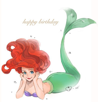 Rule 34 | 1girl, ano (sbee), ariel (disney), artist name, bare arms, bare shoulders, bikini, bikini top only, blue eyes, bubble, clenched hands, closed mouth, disney, english text, female focus, floating hair, hand on own chin, happy, happy birthday, head rest, lips, lipstick, long hair, looking at viewer, lying, makeup, mermaid, monster girl, on stomach, purple bikini, red hair, red lips, shell, shell bikini, simple background, smile, solo, strapless, strapless bikini, swimsuit, the little mermaid (disney), underwater, white background