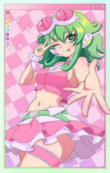 1girl bare_shoulders belt border breasts character_name checkered_background color_guide commentary english_commentary frilled_skirt frills goggles goggles_on_head green_belt green_eyes green_hair green_nails gumi headphones heart heart_in_eye highres kaleislazy light_blush looking_at_viewer medium_breasts midriff navel outstretched_hand pink-tinted_eyewear pink_background pink_skirt pleated_skirt reaching reaching_towards_viewer short_hair skirt solo sparkle symbol_in_eye thigh_strap thighs tinted_eyewear tongue tongue_out v vocaloid white-framed_eyewear white_border window_(computing)