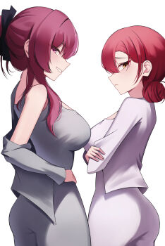 2girls absurdres alternate_costume ass breasts castle_knight_charlotte closed_mouth commentary cowboy_shot crossed_arms dress from_side grey_dress grin hair_bun hand_on_own_hip highres isegye_idol jacket jururu korean_commentary large_breasts long_hair long_sleeves looking_at_viewer multiple_girls open_clothes open_jacket profile puleudingding purple_eyes purple_hair red_hair simple_background sleeveless sleeveless_dress smile virtual_youtuber waktaverse white_background white_dress white_jacket yellow_eyes
